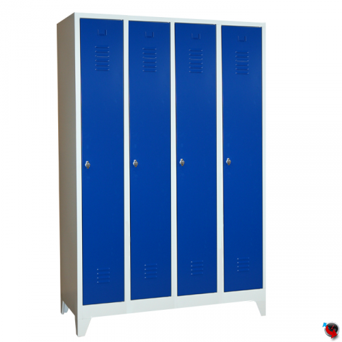 Stahl-Kleiderspind - blaue Türen -  30 cm Abteilbreite - Gesamt 120 cm breit - 4 Abteile  - mit Füssen - 4 Drehriegel - Lieferzeit ca. 2-3 Wochen !