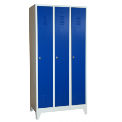 Artikel Nr. 512131 - Stahl-Kleiderspind - blaue Türen -  30 cm Abteilbreite - Gesamt 90 cm breit - 3 Abteile  - mit Füssen - 3 Drehriegel - Lieferzeit ca. 2-3 Wochen !
