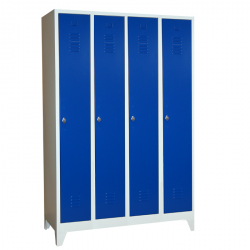 Artikel Nr. 512141 - Stahl-Kleiderspind - blaue Türen -  30 cm Abteilbreite - Gesamt 120 cm breit - 4 Abteile  - mit Füssen - 4 Drehriegel - Lieferzeit ca. 2-3 Wochen !