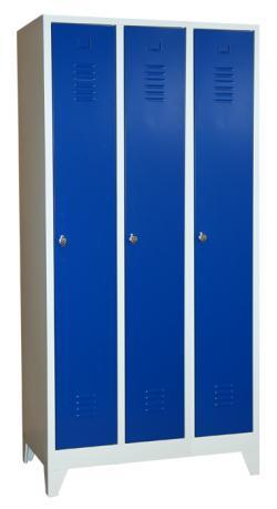 Stahl-Kleiderspind - blaue Türen -  30 cm Abteilbreite - Gesamt 90 cm breit - 3 Abteile  - mit Füssen - 3 Drehriegel - Lieferzeit ca. 2-3 Wochen !